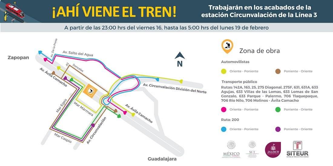 Desvíos en Ávila Camacho por obras de la Línea 3 del Tren Ligero