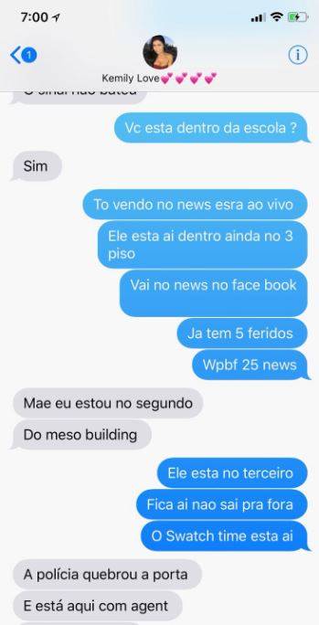 Reprodução de mensagens trocadas por mãe e filha durante ataque a escola