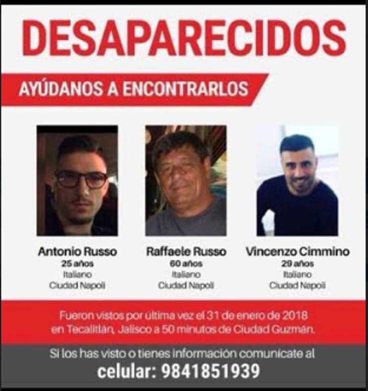 Desaparecen tres italianos en el sur de Jalisco, implican a la policía La familia en Italia descarta que se trate de un secuestro, porque a 17 días de la desaparición, nadie ha solicitado un rescate.