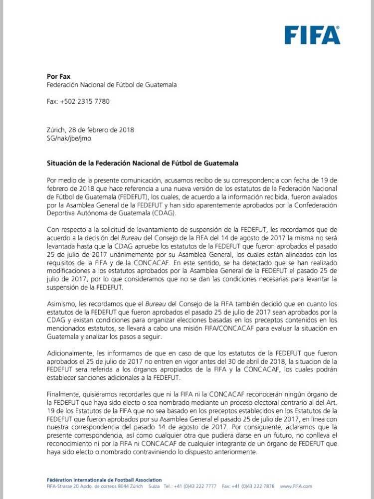 La carta que envió la FIFA