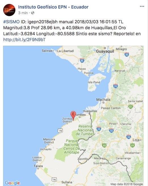 Sismo de magnitud 3.9 en Huaquillas, El Oro