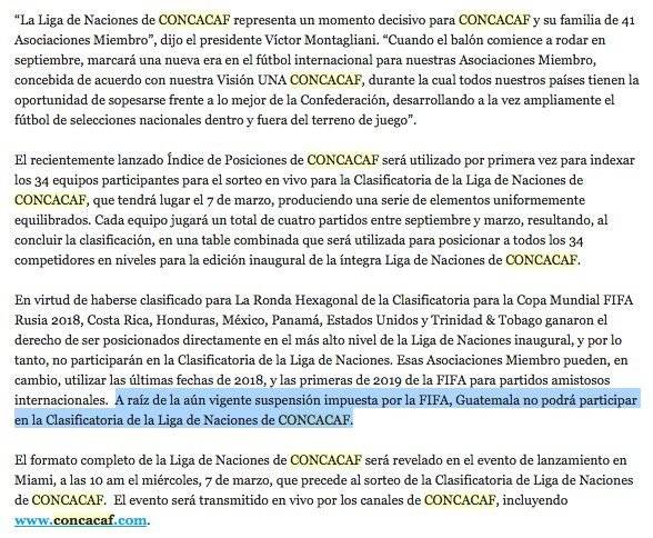 El comunicado enviado por parte de la Concacaf
