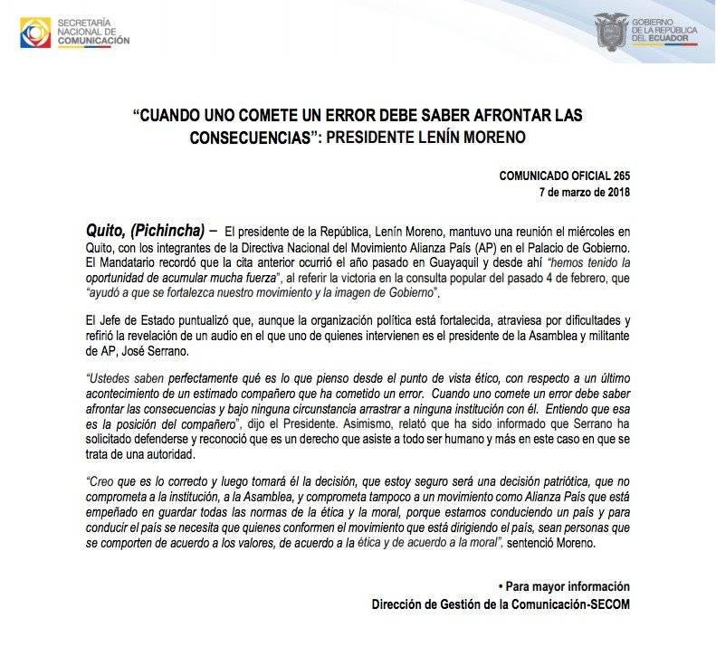 Lenín Moreno habla de audio de José Serrano y Carlos Pólit