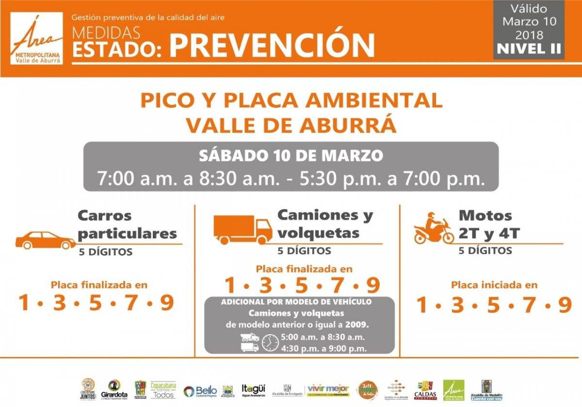 Pico y placa sábado 10 de marzo Medellín 2018