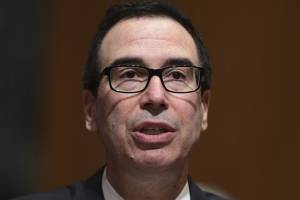 Fotografía de archivo del 14 de febrero de 2018 del secretario del Tesoro Steven Mnuchin mientras testifica ante la Comisión de el Finanzas del Senado, en Washington. (AP Foto/Susan Walsh)