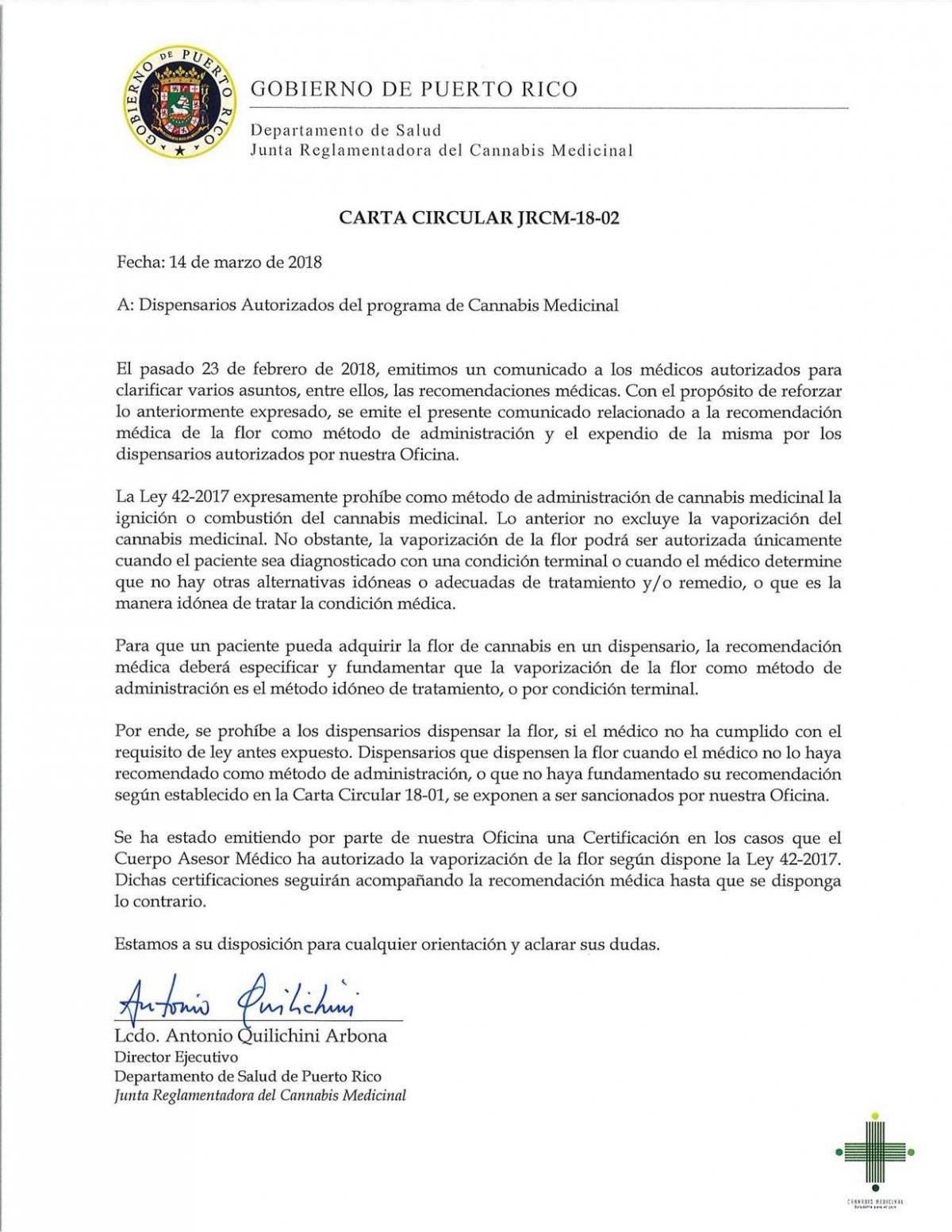 Carta Circular sobre la prohibición de venta de la flor de cannabis para uso medicinal. / Suministrada