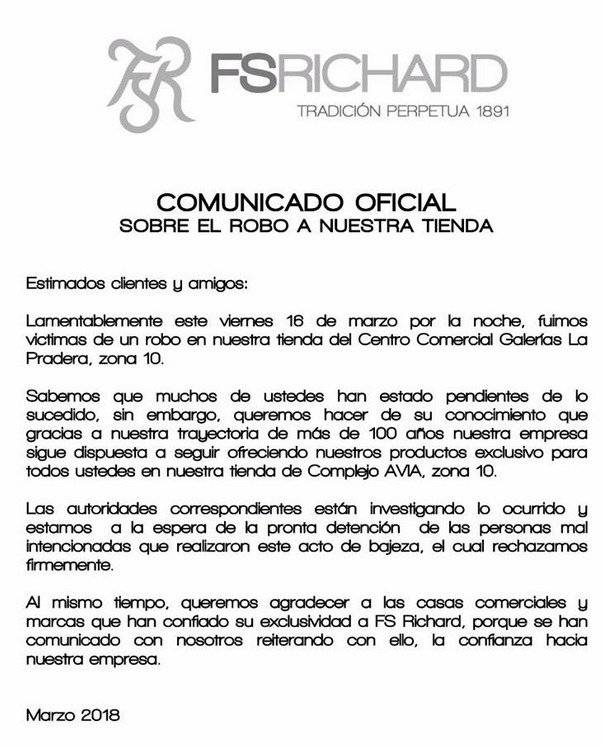 Comunicado de FS Richard sobre robo