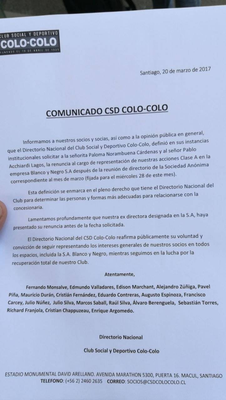 La respuesta del Club Social y Deportivo Colo Colo