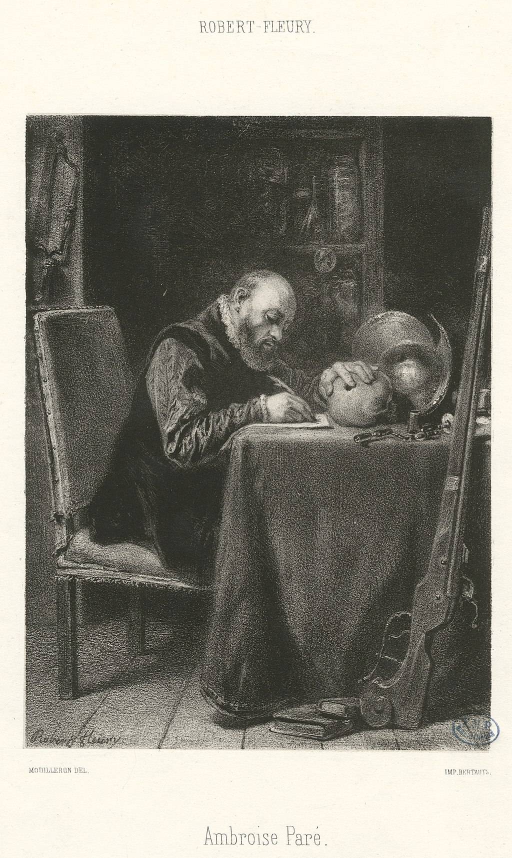  Grabado que representa a Ambroise Paré escribiendo, hecho por Robert Fleury. (Foto: Bibliothèque Interuniversitaire de Santé vía Wikimedia Commons)