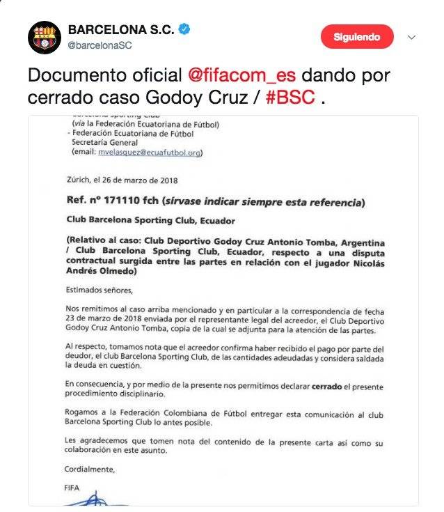 FIFA mandó un documento a Barcelona SC