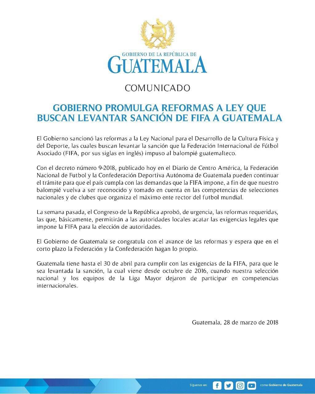 presidente Jimmy Morales sanciona ley nacional para el desarrollo de la cultura física y del deporte