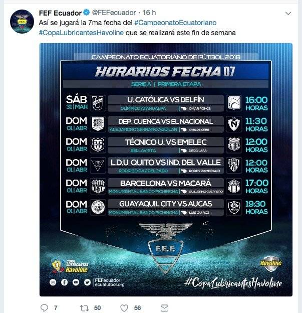 Horarios de la fecha 7 del Campeonato Ecuatoriano
