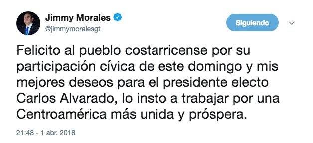 Jimmy Morales felicita a presidente electo de Costa Rica
