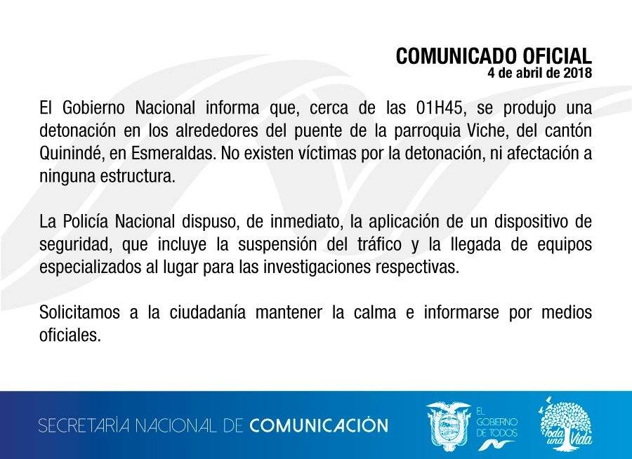 Comunicado explosión Esmeraldas