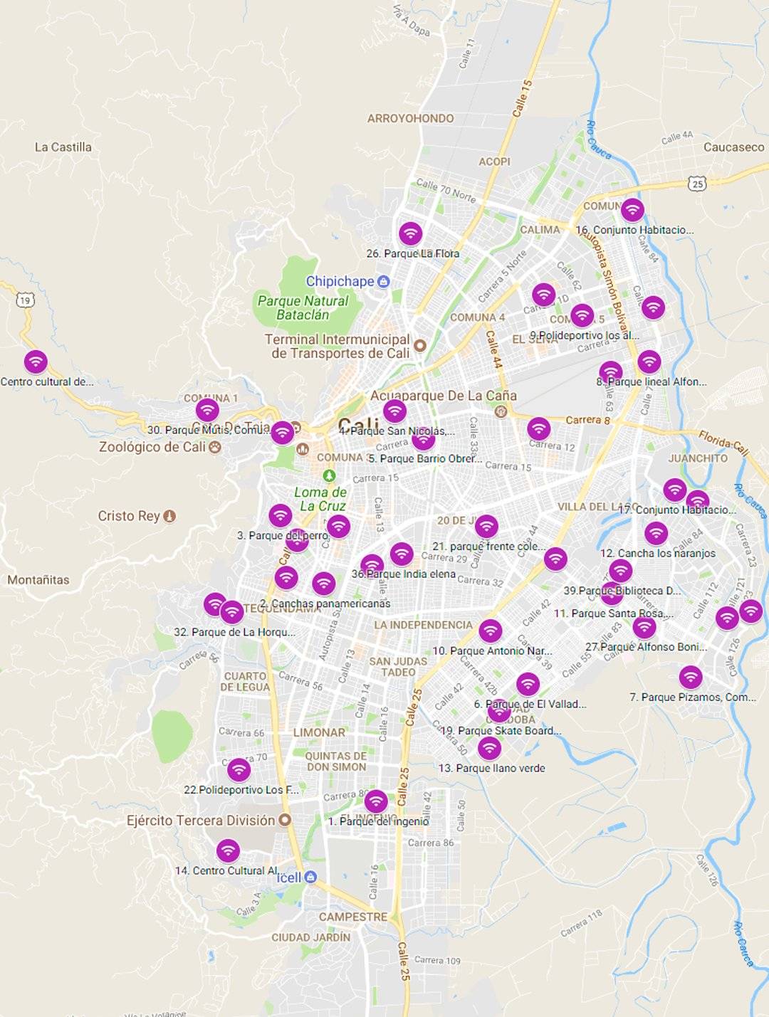 Mapa zonas WiFi gratuitas en Cali