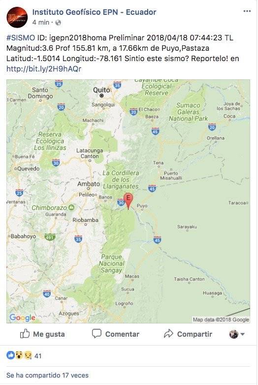 sismo de 3.6 grados en Puyo
