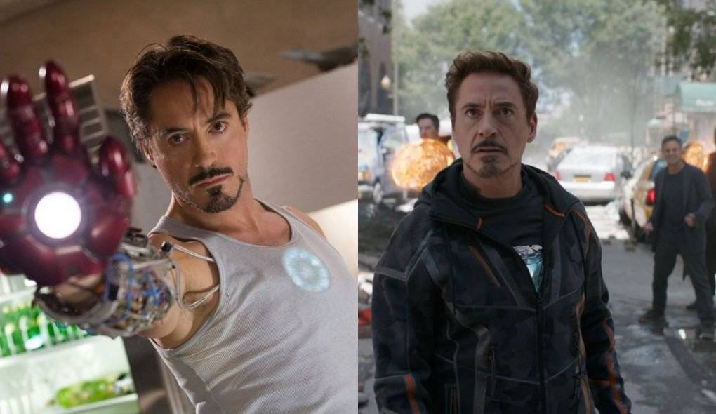 Robert Downey Jr em Homem de Ferro (2008) e na primeira parte de Vingadores: Guerra Infinita