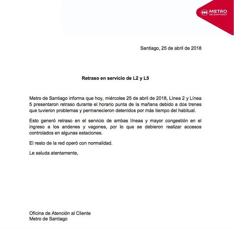Justificativo de Metro por retrasos en la Líneas 2 y 5