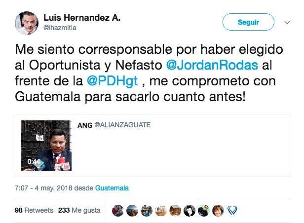 tuit del diputado Luis Hernández Azmitia