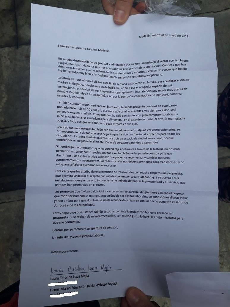 Carta restaurante Taquino