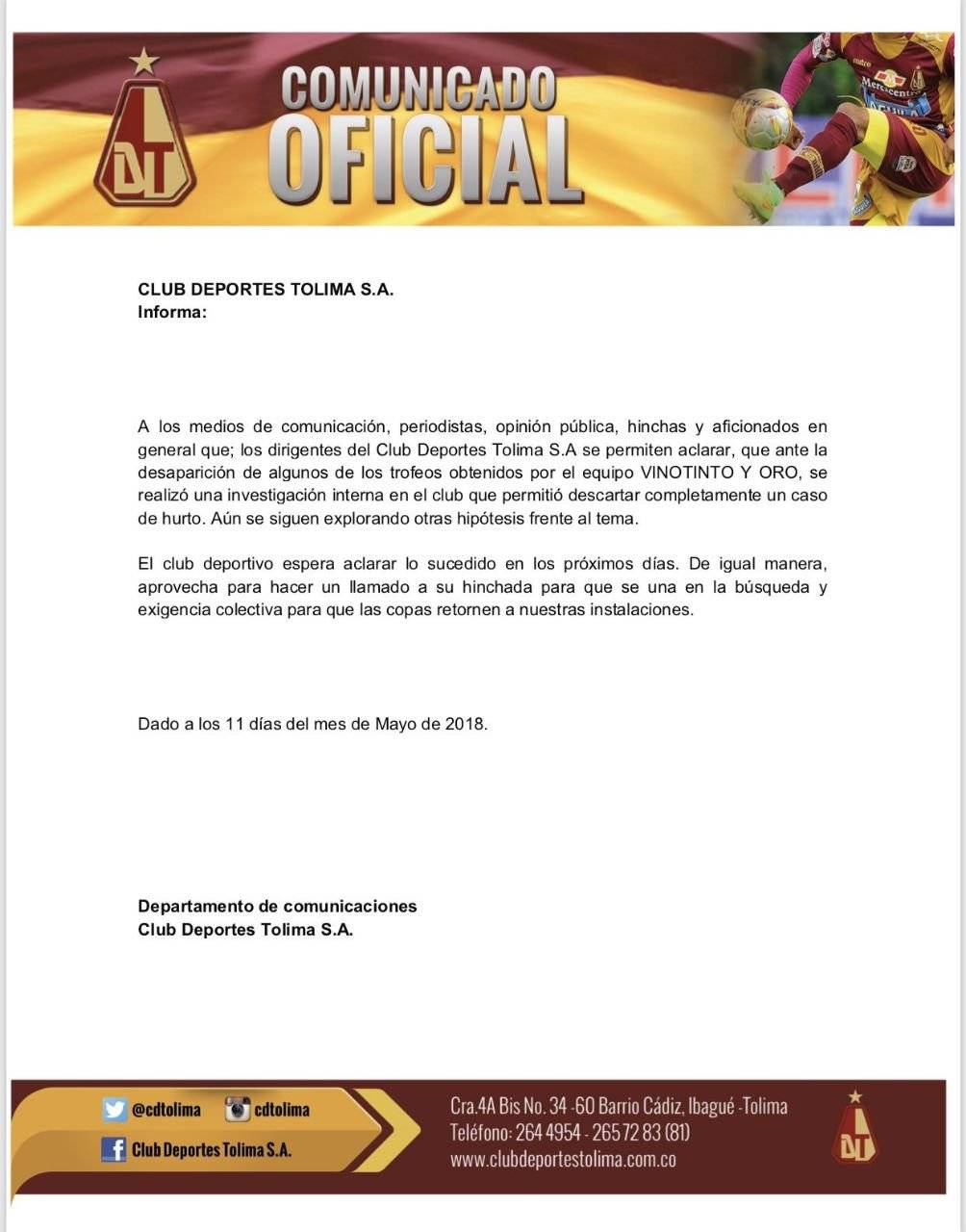 Comunicado oficial Deportes Tolima