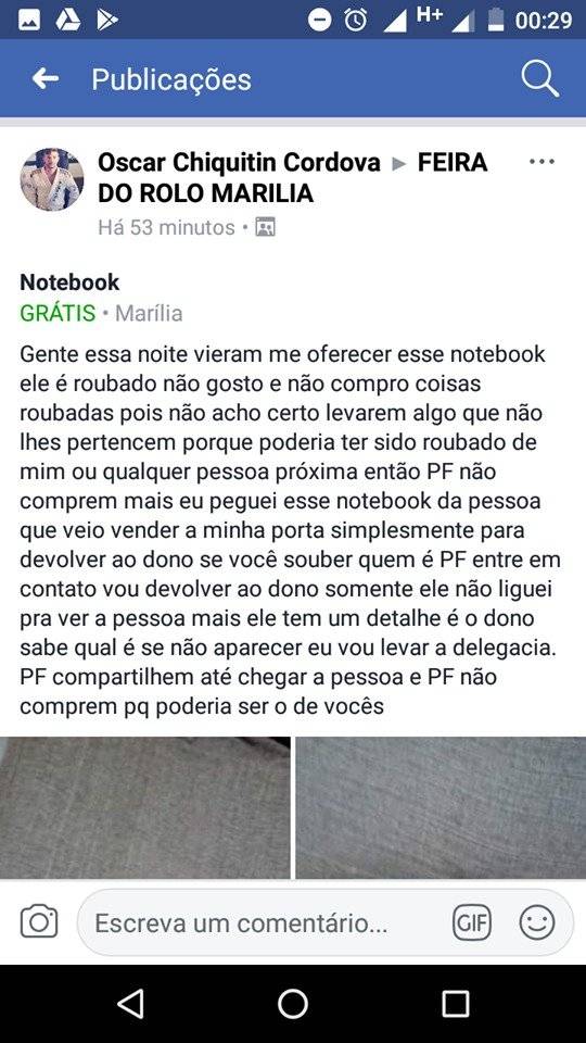 publicação do notebook roubado