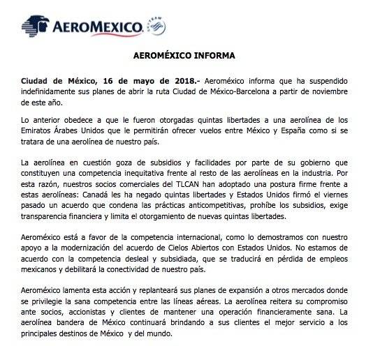 éste es el comunicado enviado por Aeroméxico