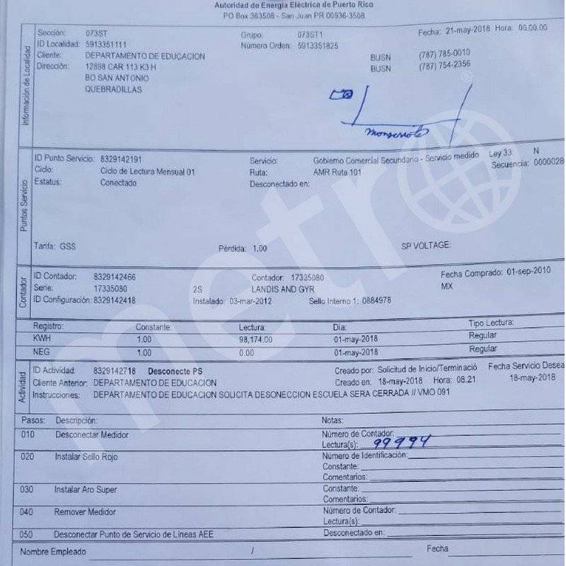 Orden de terminación de servicios de energía eléctrica a la escuela Honorio Hernández en Quebradillas, en lista de cierre, peticionada por el Departamento de Educación el 18 de mayo de 2018. / Suministrada