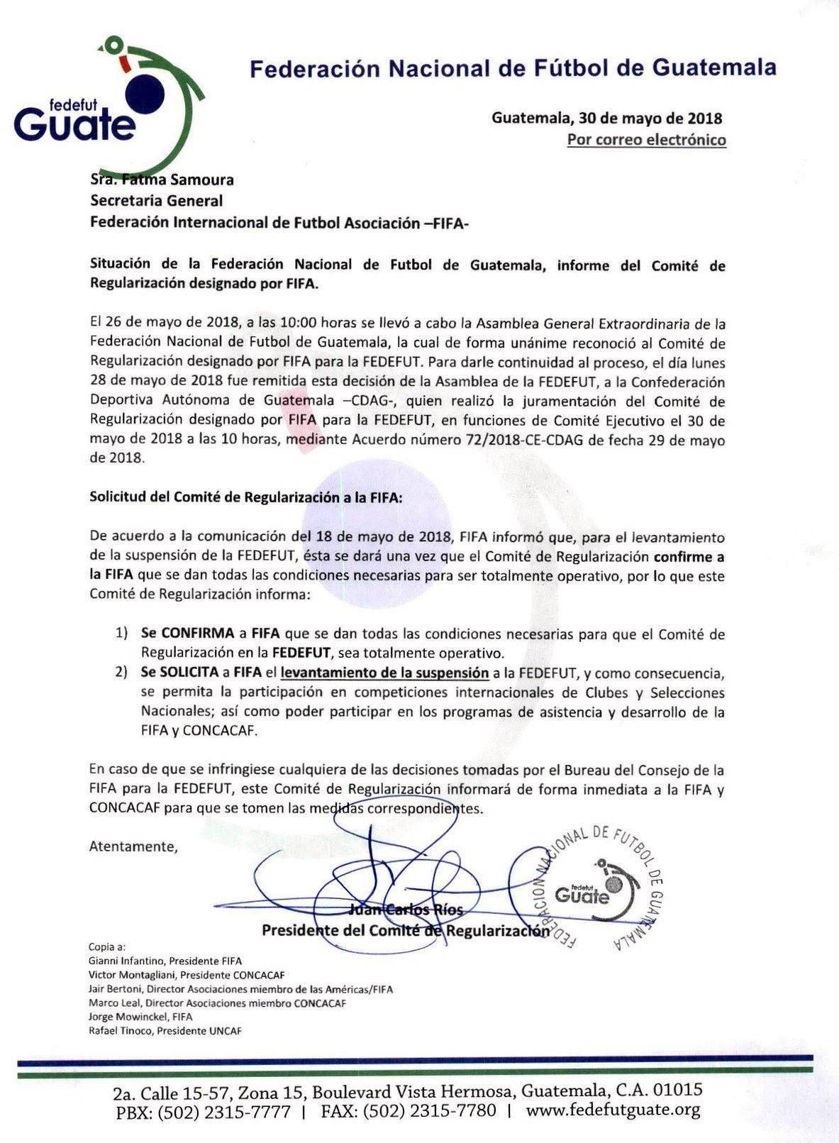 La carta enviada a la FIFA