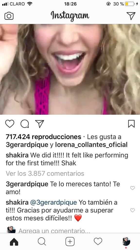 Shakira demuestra su felicidad después de concierto y Piqué la felicita