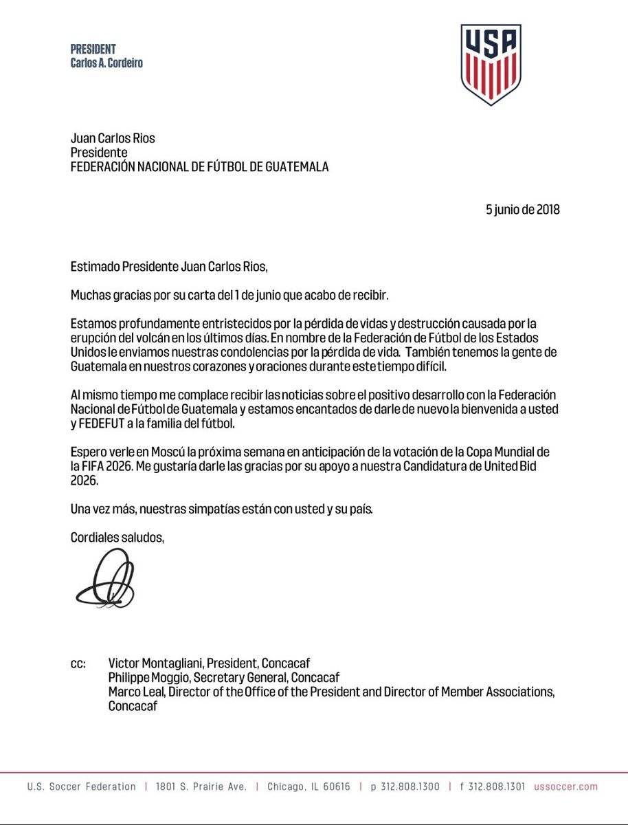 Este fue el comunicado emitido por la federación de Estados Unidos