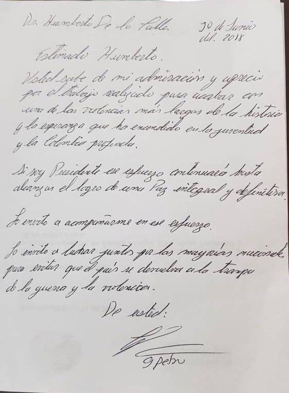 Carta de Petro a De la Calle