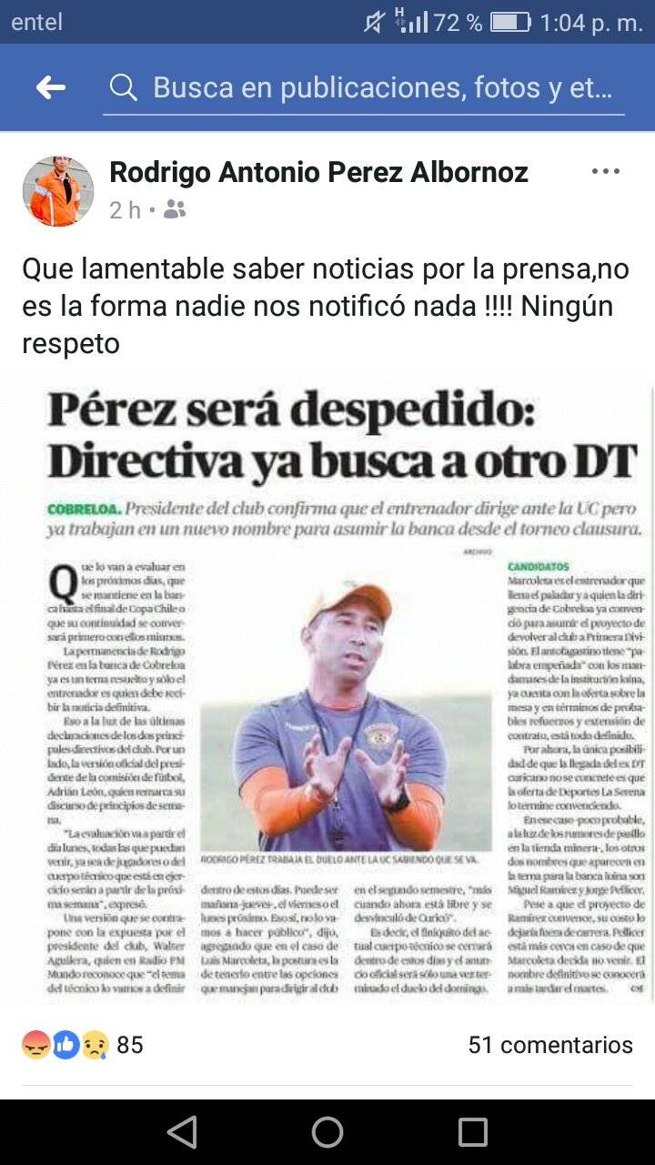 El descargo de Pérez por Facebook / Pantallazo