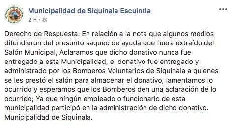 Aclaración de Municipalidad de Siquinalá
