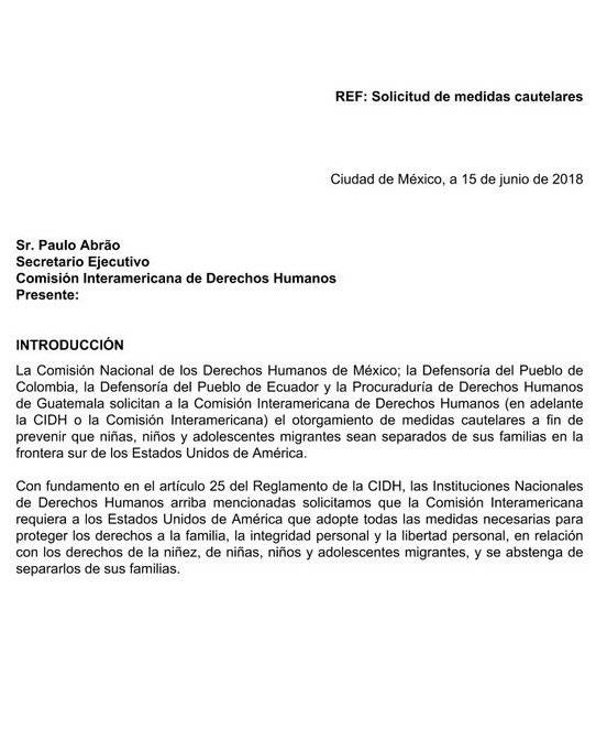La carta busca detener la separación de familias.