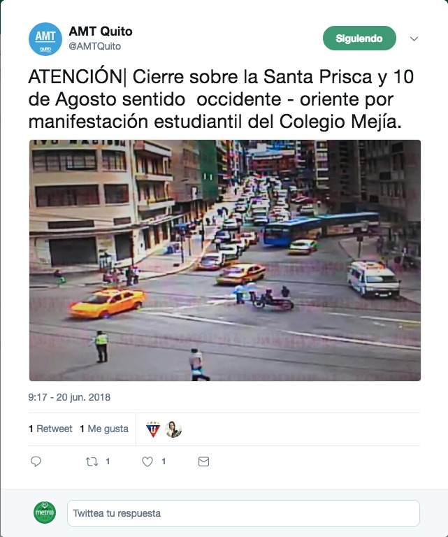 ierre sobre la Santa Prisca y 10 de Agosto sentido occidente - oriente por manifestación estudiantil del Colegio Mejía. ierre sobre la Santa Prisca y 10 de Agosto sentido occidente - oriente por manifestación estudiantil del Colegio Mejía.