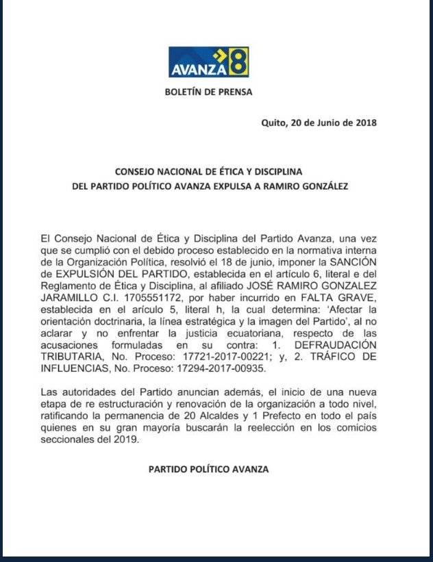 Avanza expulsa a Ramiro González del partido