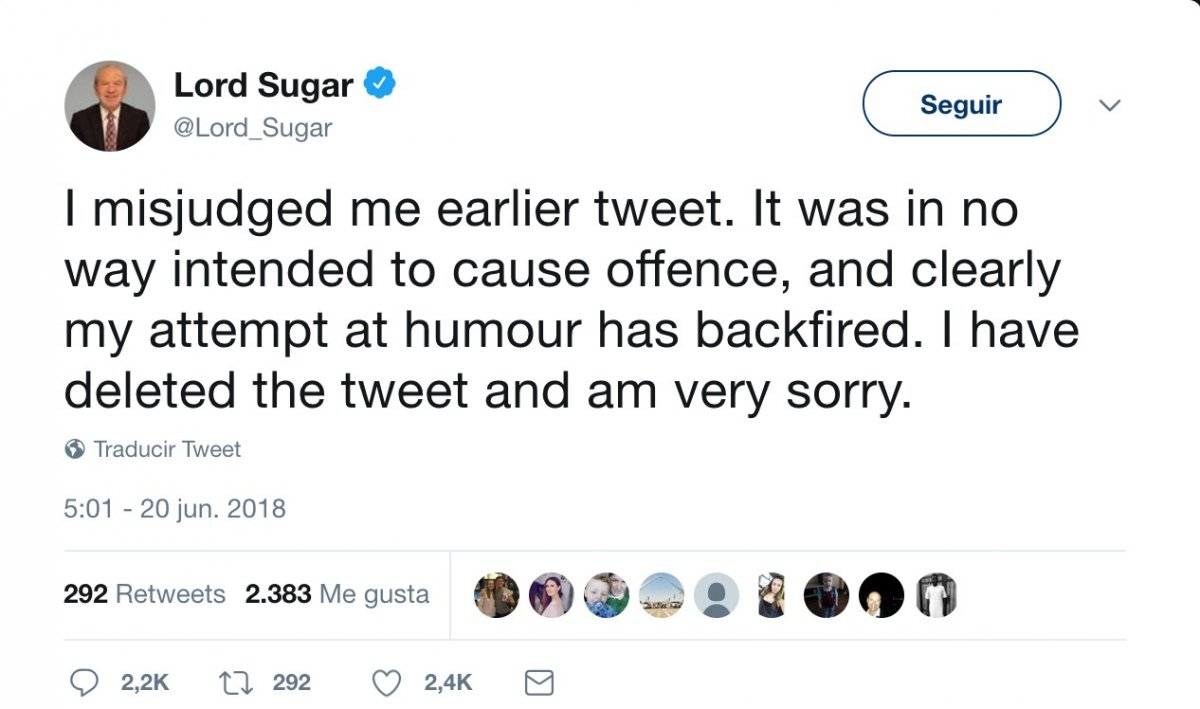 Sugar se disculpa tras su polémico tuit.