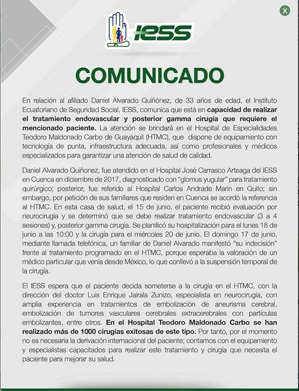 Comunicado del IESS ante el caso de Daniel Alvarado