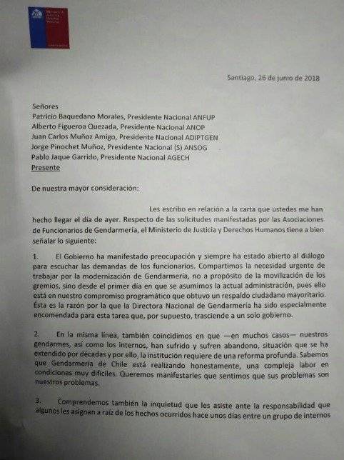 Carta del ministro de Justicia a Gendarmes