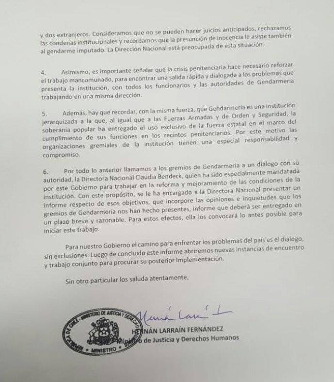 Carta del ministro de Justicia a Gendarmes