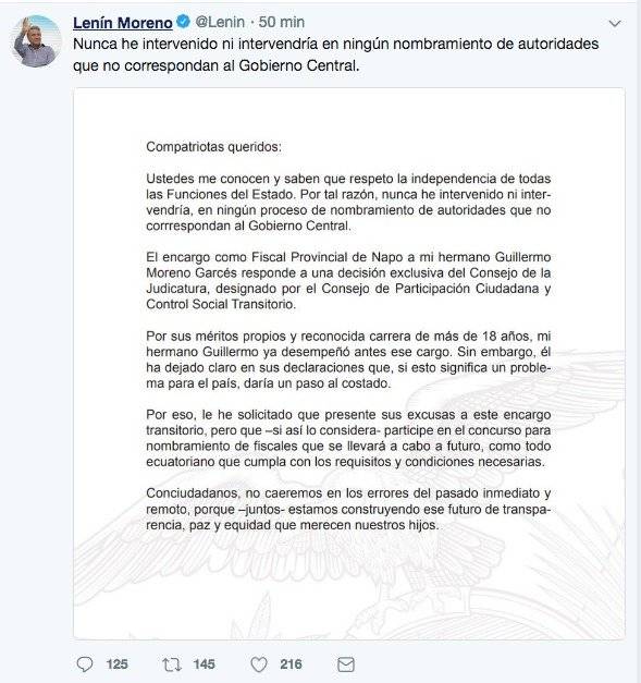 Lenín Moreno sobre cargo de Fiscal de su hermano
