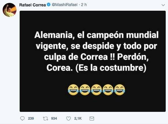 Rafael Correa hace chiste sobre eliminación de Alemania del Mundial Rusia 2018