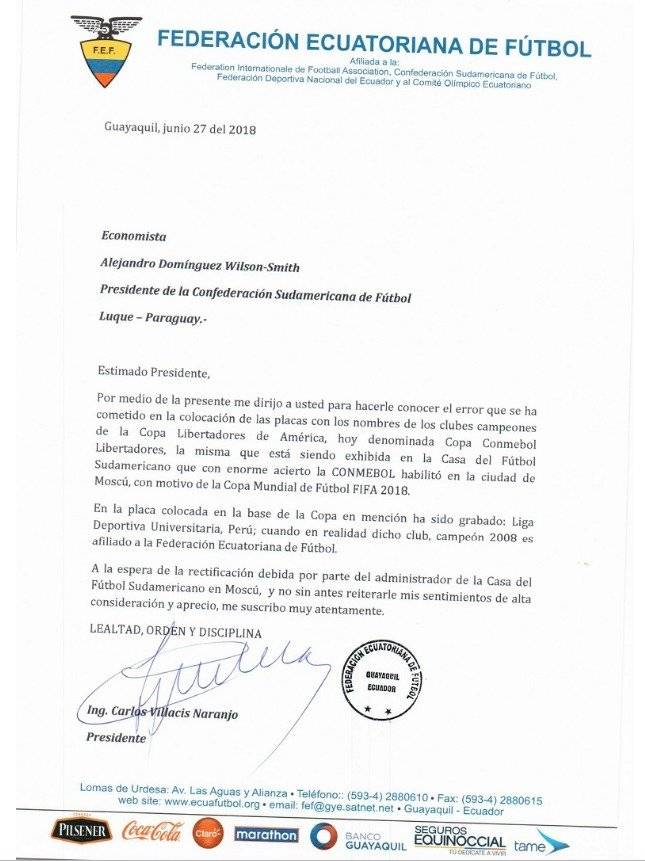 Carta de la FEF hacia la CONMEBOL