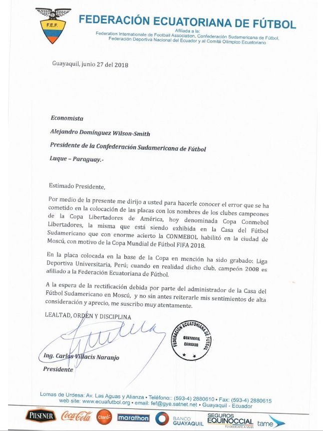 Carta de la FEF hacia la CONMEBOL