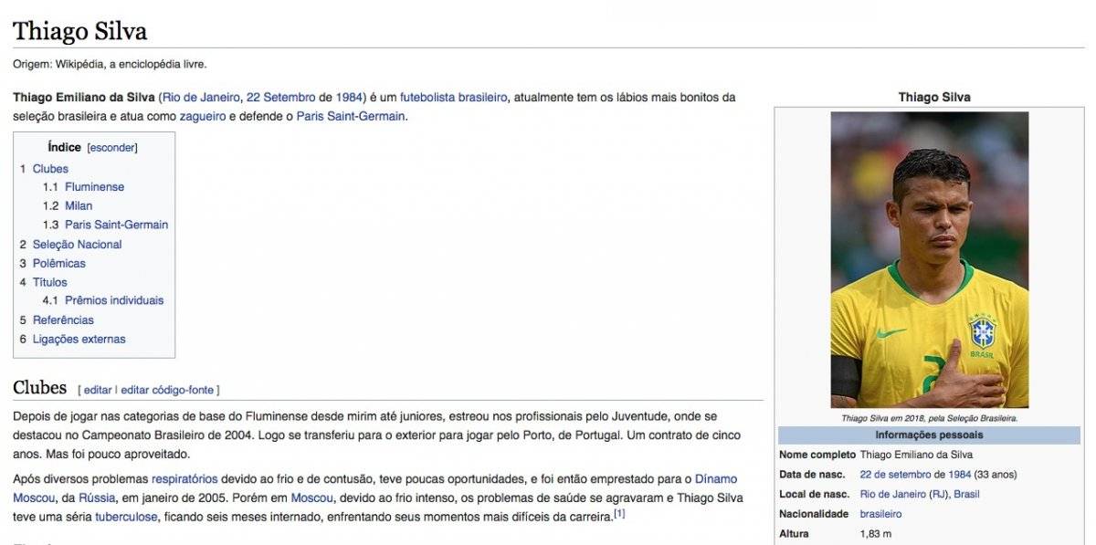 Página da Wikipédia sobre Thiago Silva