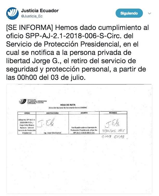 Ministerio de Justicia retira seguridad y protección personal a Jorge Glas