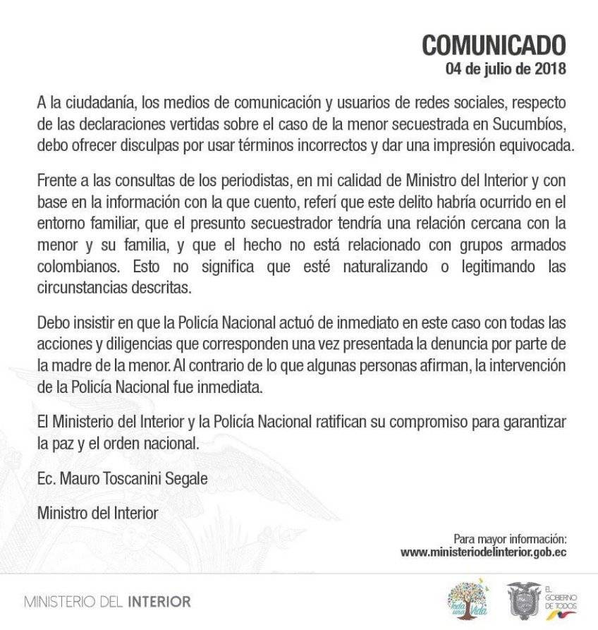 Mauro Toscanini pidió disculpas por términos incorrectos en caso de niña secuestrada en Sucumbíos