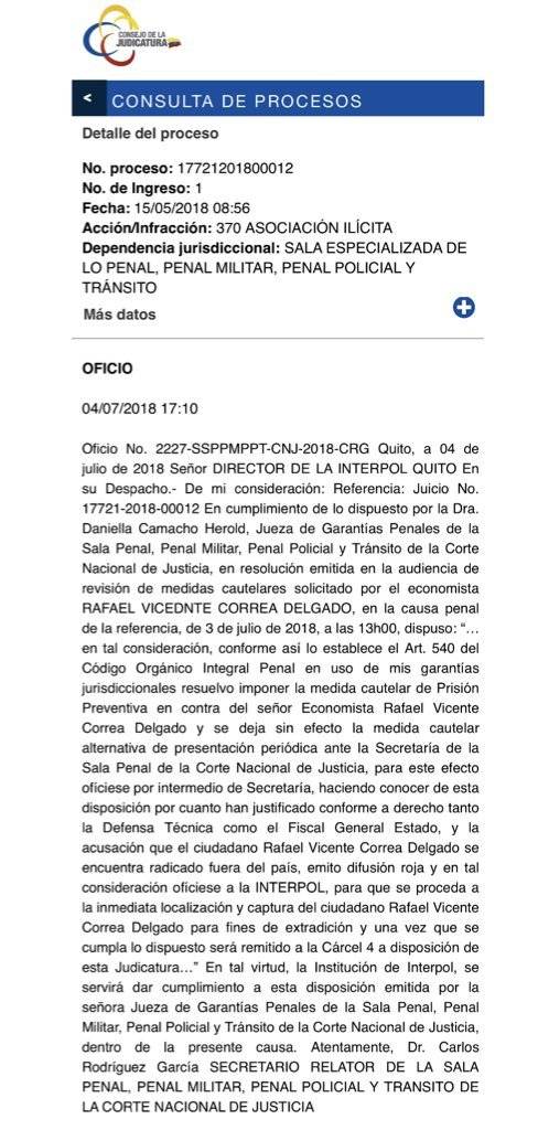 Corte solicita a la Interpol captura a Rafael Correa