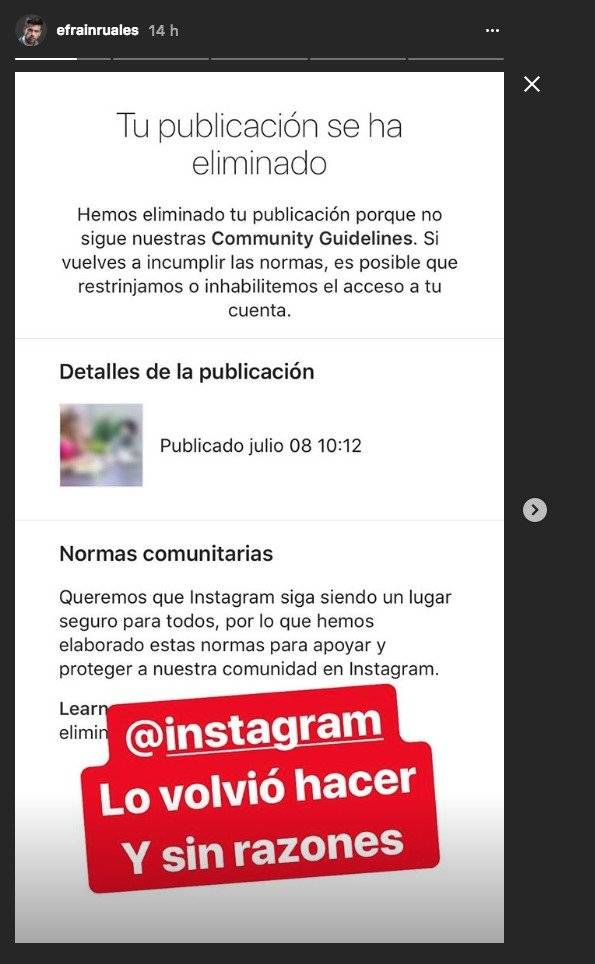 Efraín Ruales denuncia que Instagram eliminó su video con Nacho